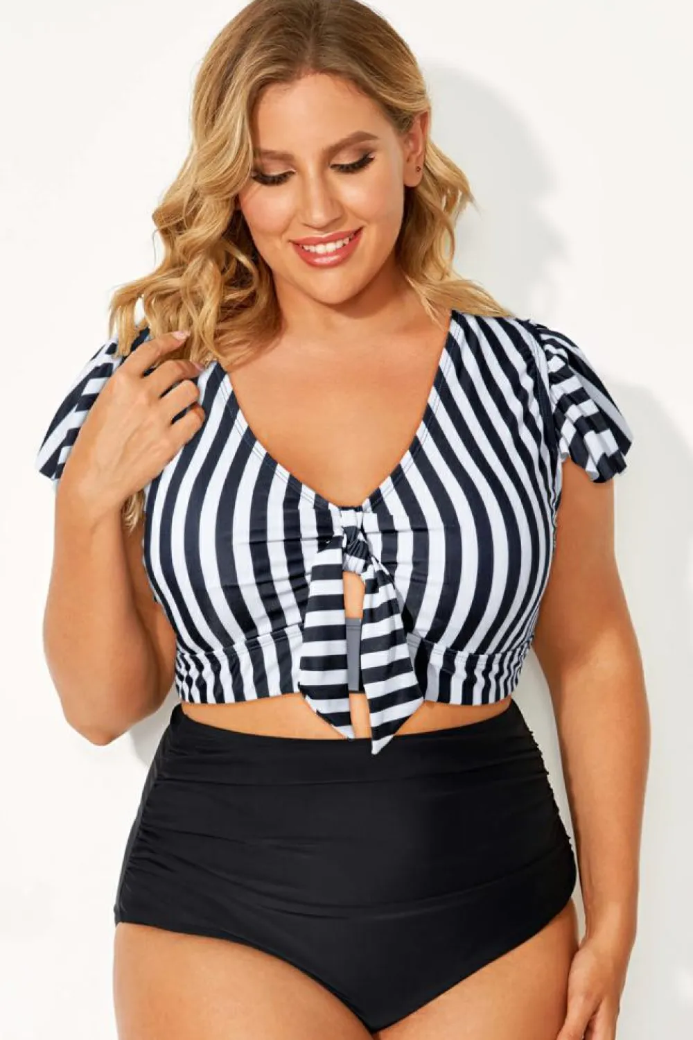Discount Dear-Lover Plus Size Knot Cutout Ruffle Sleeve and High Waisted 2pcs Swimsuit Black Stripe