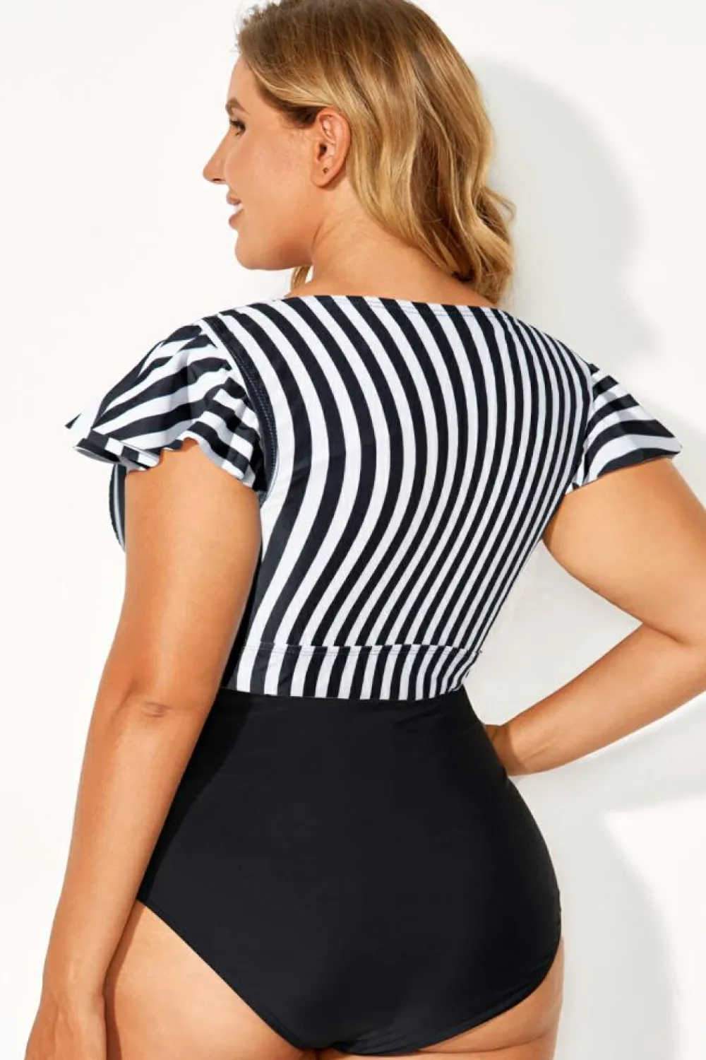 Discount Dear-Lover Plus Size Knot Cutout Ruffle Sleeve and High Waisted 2pcs Swimsuit Black Stripe