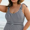 Hot Dear-Lover Plus Size Self Tie Straps O-Ring Waistband One Piece Swimsuit Black Stripe