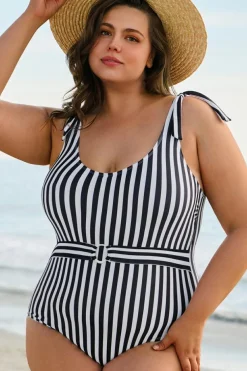 Hot Dear-Lover Plus Size Self Tie Straps O-Ring Waistband One Piece Swimsuit Black Stripe