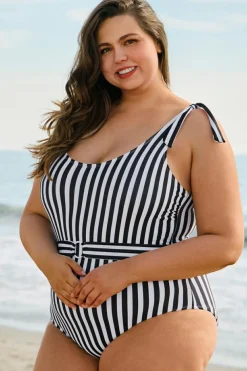 Hot Dear-Lover Plus Size Self Tie Straps O-Ring Waistband One Piece Swimsuit Black Stripe