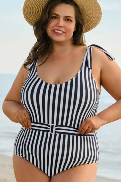 Hot Dear-Lover Plus Size Self Tie Straps O-Ring Waistband One Piece Swimsuit Black Stripe