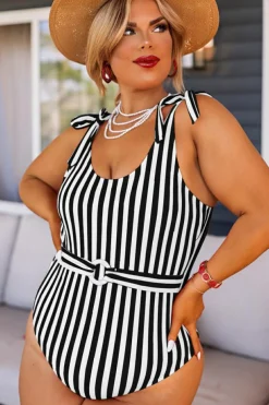 Hot Dear-Lover Plus Size Self Tie Straps O-Ring Waistband One Piece Swimsuit Black Stripe