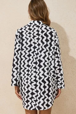 Clearance Dear-Lover Print Loose Fit Open Front Beach Cover Up Black Stripe