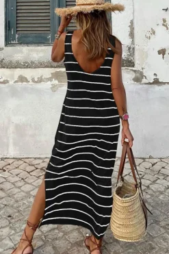 Fashion Dear-Lover Stripe Print Open Back Sleeveless Maxi Dress with Slits Black