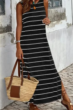 Fashion Dear-Lover Stripe Print Open Back Sleeveless Maxi Dress with Slits Black