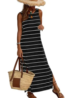Fashion Dear-Lover Stripe Print Open Back Sleeveless Maxi Dress with Slits Black