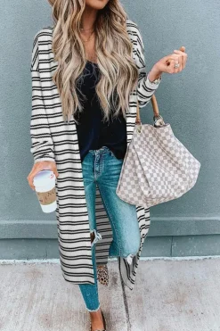 Online Dear-Lover Print Open Front Duster Cardigan Black Stripe