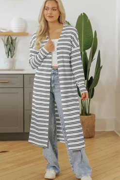 Online Dear-Lover Print Open Front Duster Cardigan Black Stripe