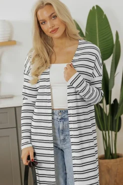 Online Dear-Lover Print Open Front Duster Cardigan Black Stripe