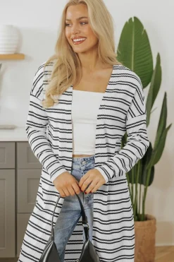 Online Dear-Lover Print Open Front Duster Cardigan Black Stripe