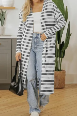 Online Dear-Lover Print Open Front Duster Cardigan Black Stripe