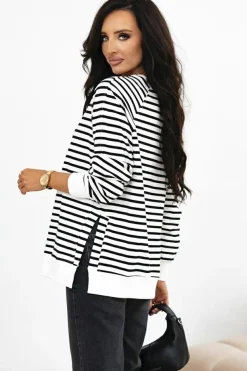 Best Dear-Lover Raglan Sleeve Side Slits Loose Sweatshirt Black Stripe