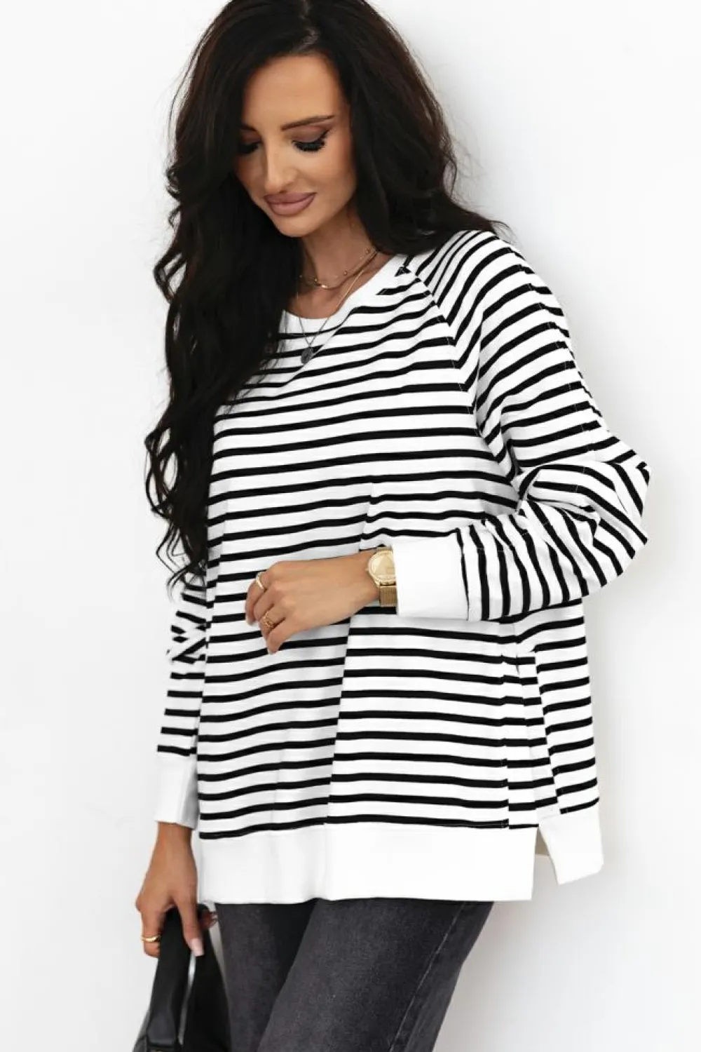 Best Dear-Lover Raglan Sleeve Side Slits Loose Sweatshirt Black Stripe
