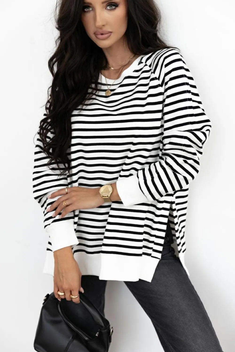 Best Dear-Lover Raglan Sleeve Side Slits Loose Sweatshirt Black Stripe