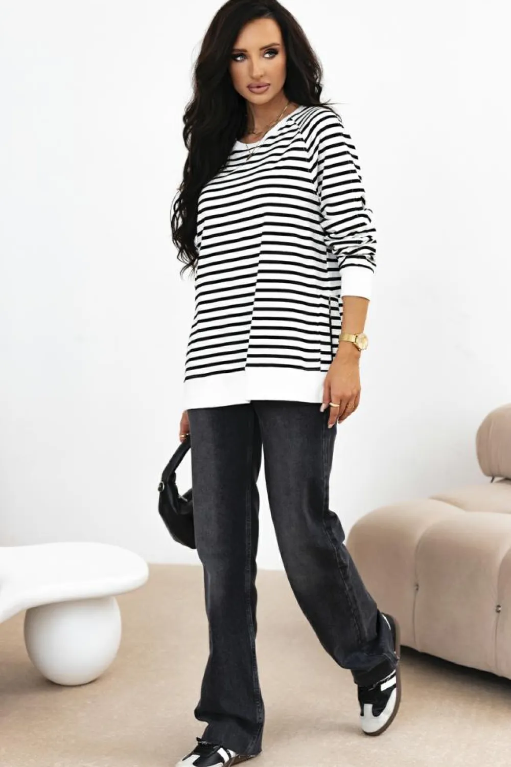 Best Dear-Lover Raglan Sleeve Side Slits Loose Sweatshirt Black Stripe