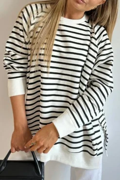 Best Dear-Lover Raglan Sleeve Side Slits Loose Sweatshirt Black Stripe