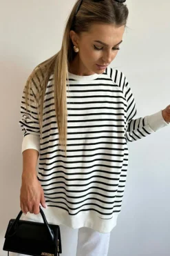 Best Dear-Lover Raglan Sleeve Side Slits Loose Sweatshirt Black Stripe