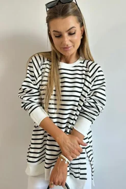 Best Dear-Lover Raglan Sleeve Side Slits Loose Sweatshirt Black Stripe
