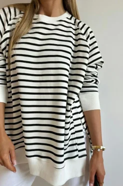 Best Dear-Lover Raglan Sleeve Side Slits Loose Sweatshirt Black Stripe