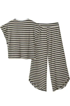 Discount Dear-Lover Rainbow Tee Tasseled String Wide Leg Pants Set Black Stripe