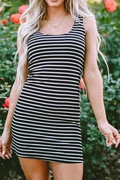 Fashion Dear-Lover Ribbed Knit Sleeveless Mini Dress Black Stripe
