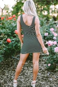 Fashion Dear-Lover Ribbed Knit Sleeveless Mini Dress Black Stripe