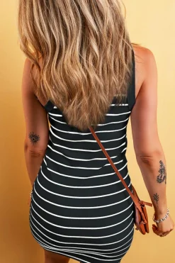 New Dear-Lover Ribbed Knit Tank Mini Dress Black Stripe
