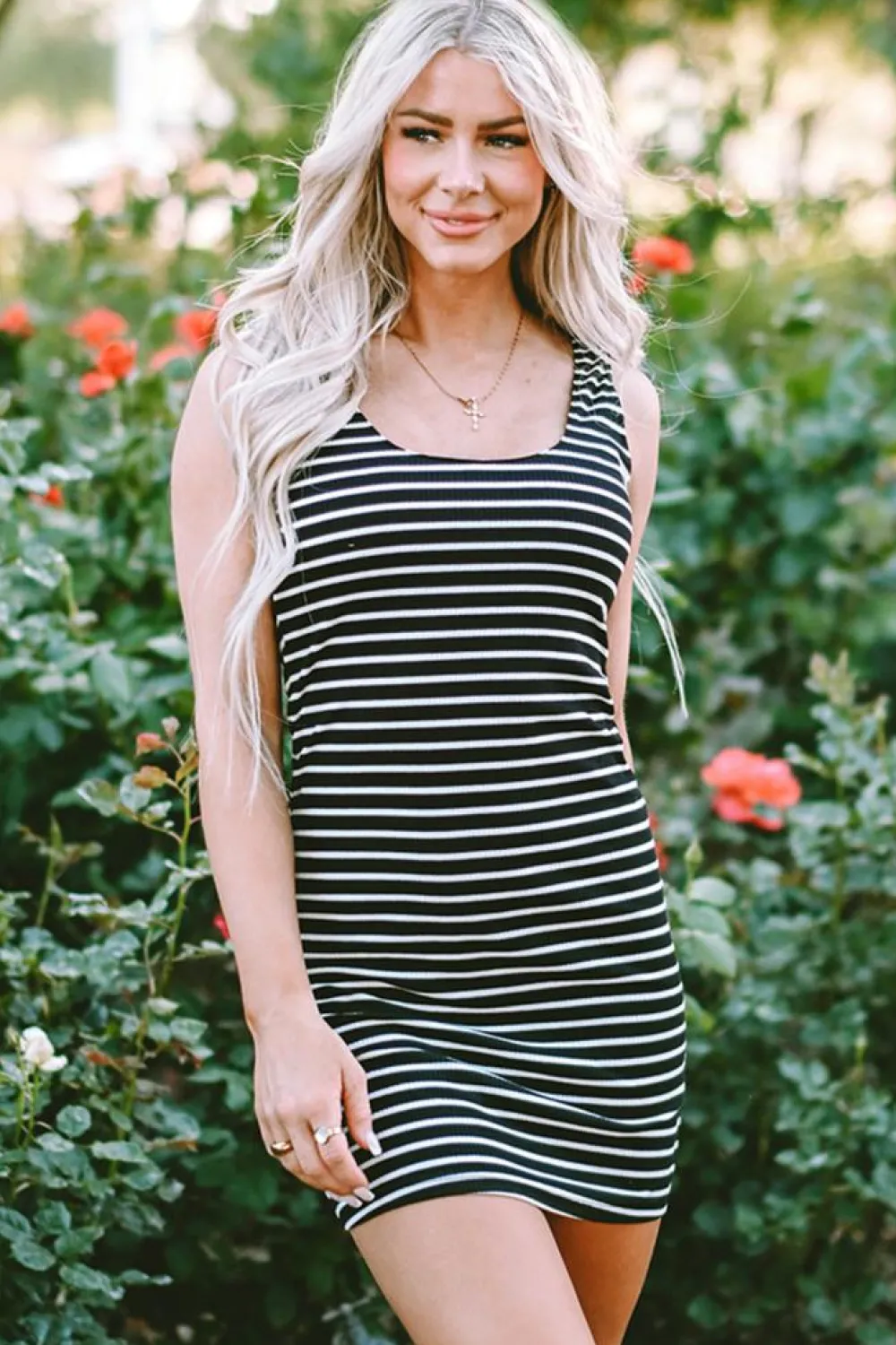 Fashion Dear-Lover Ribbed Knit Sleeveless Mini Dress Black Stripe