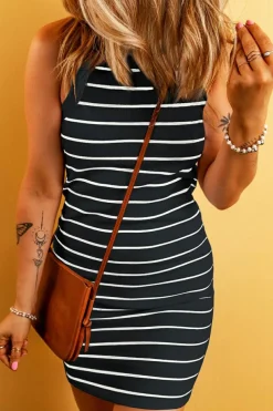 New Dear-Lover Ribbed Knit Tank Mini Dress Black Stripe