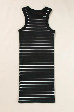 New Dear-Lover Ribbed Knit Tank Mini Dress Black Stripe