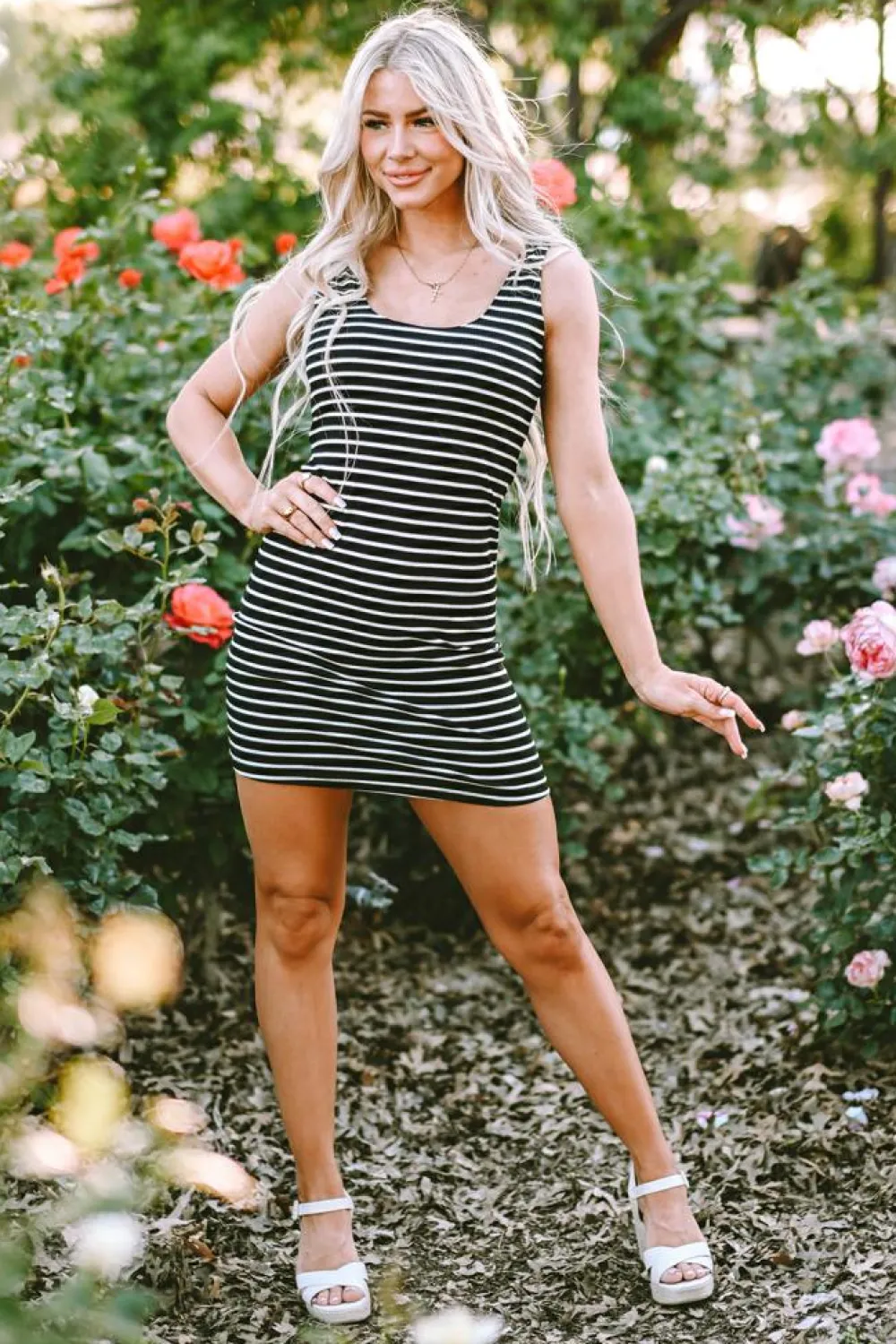 Fashion Dear-Lover Ribbed Knit Sleeveless Mini Dress Black Stripe