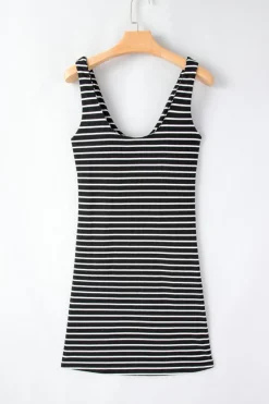 Fashion Dear-Lover Ribbed Knit Sleeveless Mini Dress Black Stripe