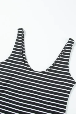 Fashion Dear-Lover Ribbed Knit Sleeveless Mini Dress Black Stripe