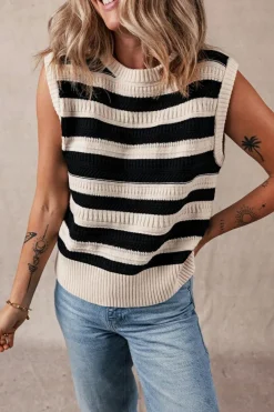 New Dear-Lover Ribbed Trim Knitted Sweater Vest Black Stripe