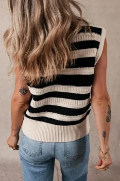New Dear-Lover Ribbed Trim Knitted Sweater Vest Black Stripe