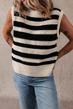 New Dear-Lover Ribbed Trim Knitted Sweater Vest Black Stripe