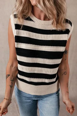 New Dear-Lover Ribbed Trim Knitted Sweater Vest Black Stripe