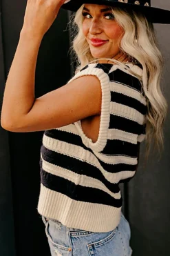 New Dear-Lover Ribbed Trim Knitted Sweater Vest Black Stripe