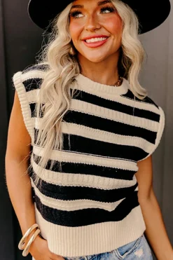 New Dear-Lover Ribbed Trim Knitted Sweater Vest Black Stripe