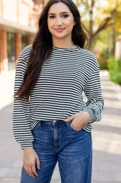 Hot Dear-Lover Round Neck Drop Shoulder Long Sleeve Top Black Stripe