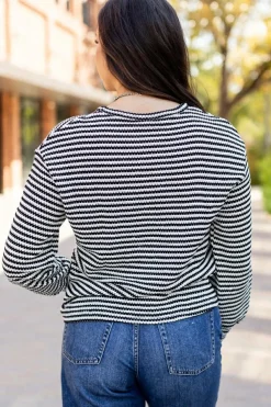 Hot Dear-Lover Round Neck Drop Shoulder Long Sleeve Top Black Stripe