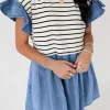 Best Dear-Lover Ruffle Denim Patchwork Round Neck Mini Dress Black Stripe