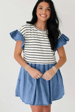 Best Dear-Lover Ruffle Denim Patchwork Round Neck Mini Dress Black Stripe