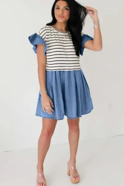 Best Dear-Lover Ruffle Denim Patchwork Round Neck Mini Dress Black Stripe