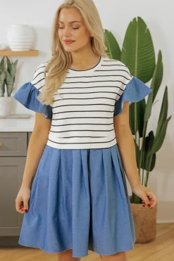 Best Dear-Lover Ruffle Denim Patchwork Round Neck Mini Dress Black Stripe