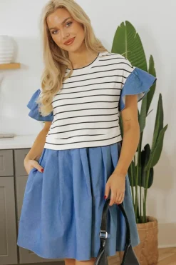 Best Dear-Lover Ruffle Denim Patchwork Round Neck Mini Dress Black Stripe