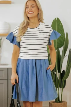 Best Dear-Lover Ruffle Denim Patchwork Round Neck Mini Dress Black Stripe