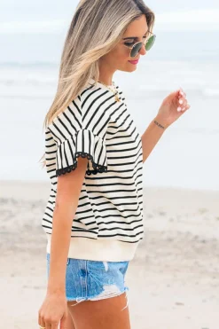 New Dear-Lover Scallop Lace Trim Ruffle Short Sleeves Crewneck Top Black Stripe