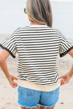 New Dear-Lover Scallop Lace Trim Ruffle Short Sleeves Crewneck Top Black Stripe